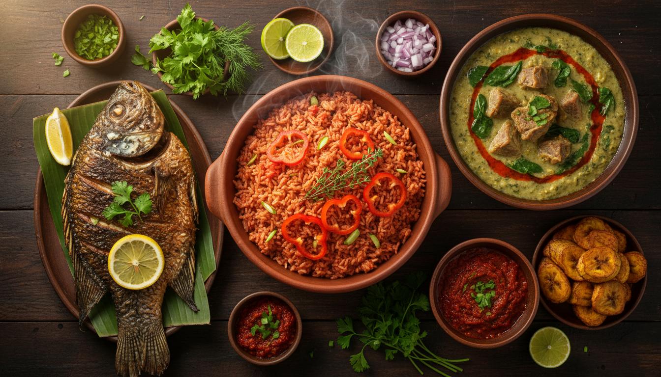 Authentic Nigerian cuisine spread at De Honourables